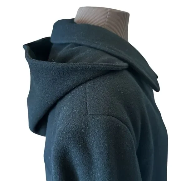 Gallery Wm’s XL Black Winter Coat 80% Wool Single Breast Detachable Hood - Picture 4 of 13